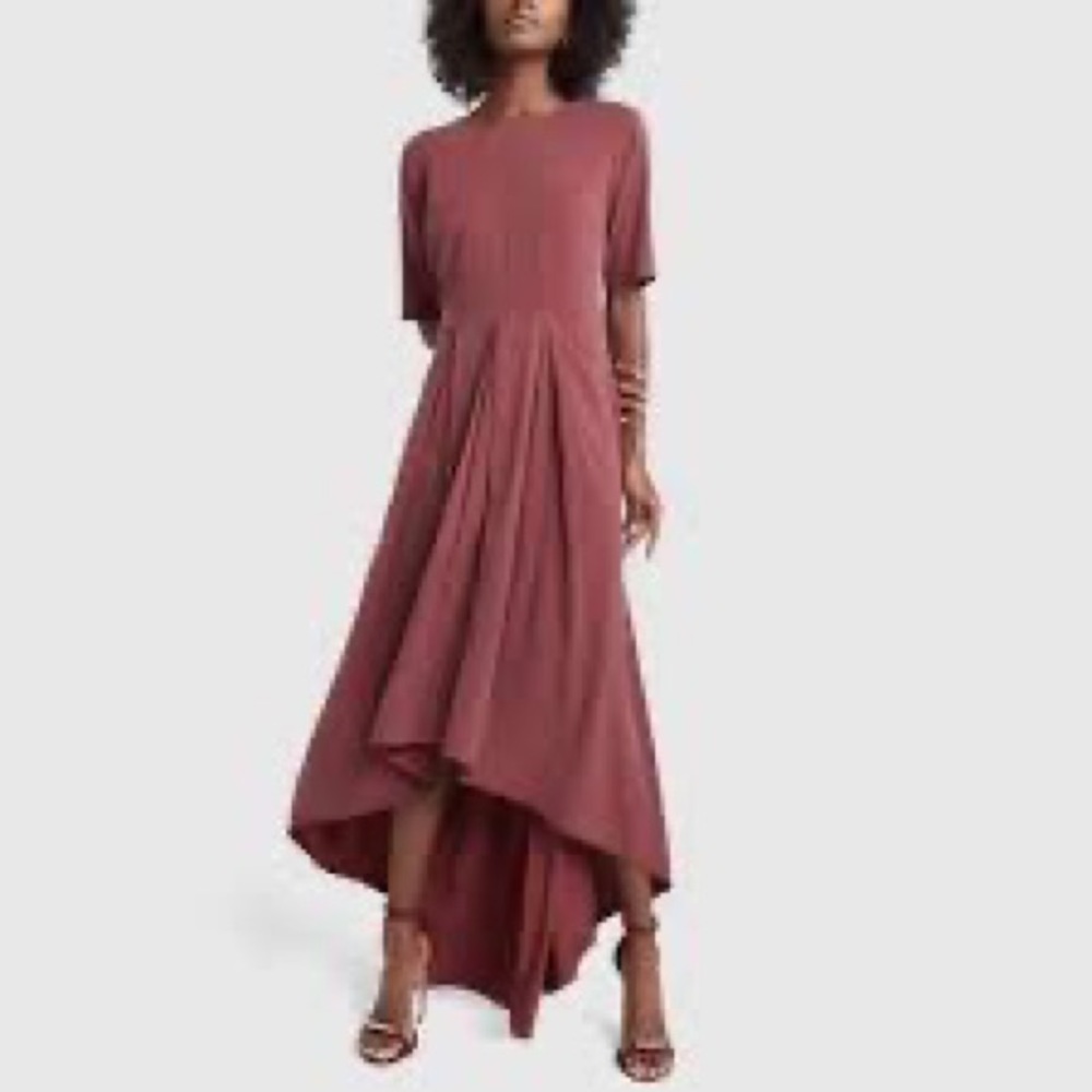 Goop X Universal Standard Brushed back high- low dress in burgundy